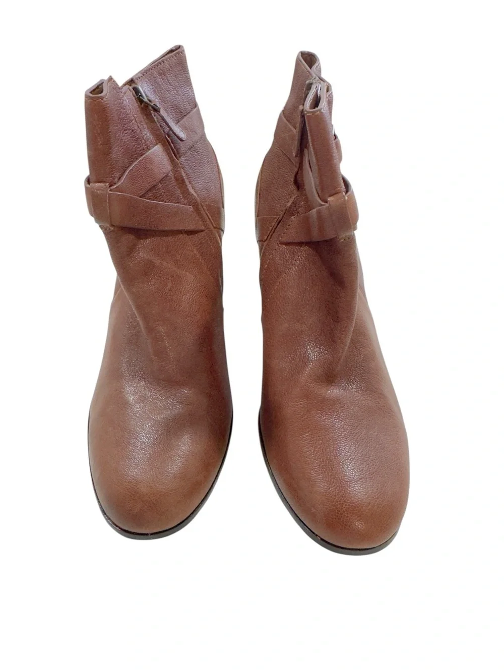 Cole Haan Brown Leather Ankle Booties Size 11B Block Heel Buckle Strap side zip